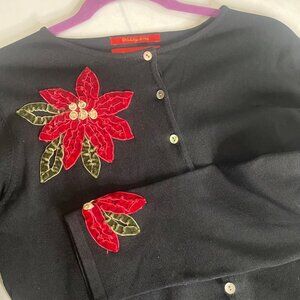 Northern Isles Holiday 2004 Cardigan Womens Size M Black Red Poinsettia Applique